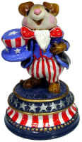 Uncle Sammy mouse in red white and blue standing on a plinth