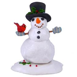 Smilling Snowman with top hat and red cardinal on one hand