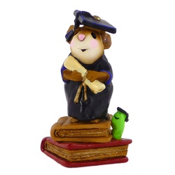 Graduate mouse standing on two books holding a scroll with a bookworm looking on