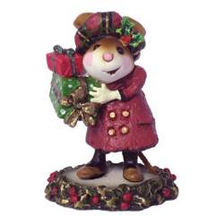 Lady mouse with hat and overcoat carring Christmas presents