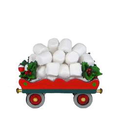 Red flat train car filled with marshmallows, holly decoration