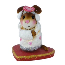 Girl mouse stands with Valentine hat, ear and hand muffs