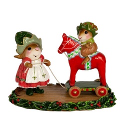These fancy little Mouse elves are playing with a Swedish Dala horse!. 