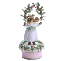 Girl mouse stand on hat box in the snow holding holy leaves.