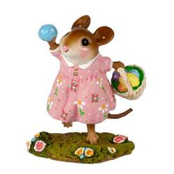 Young female mouse in pink foral dress runs with her backet of eggs