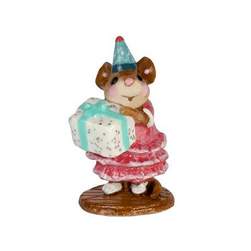 Girl mouse in a party dress carrying a wrapped present