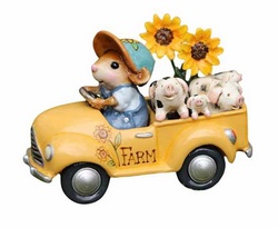 Mouse farmer driving his piggies in his yellow pickup with sunflowers.