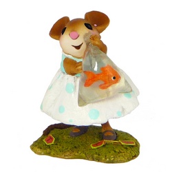 Girl mouse holding a bag of water with a gold fish inside