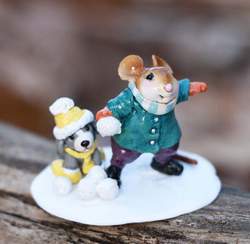 Young mouse and his dog will challenge anyone to a snowball fight!