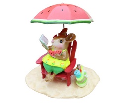 Mother mouse sitting on a beach chair with a watermelon slice and a good book.