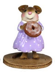 Girl mouse holding a glazed donut in Labender dress