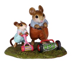 Father and Daughter mouse mowing the grass together