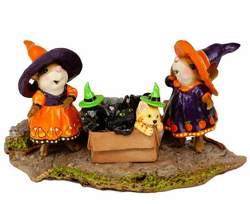 Little Halloween witches dressed in their cutest attire happen upon a box of kittens which has absolutely made their day! Look closely to see the tiny hand painted details on their skirts. 