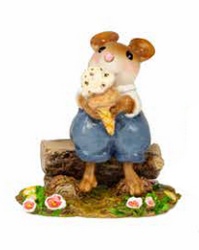 Seated on a log, a mouse rests and takes a big lick of their double scoop ice cream cone! 