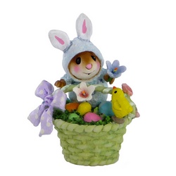Blue bunny mouse in Easter basket with chick, eggs and flowers